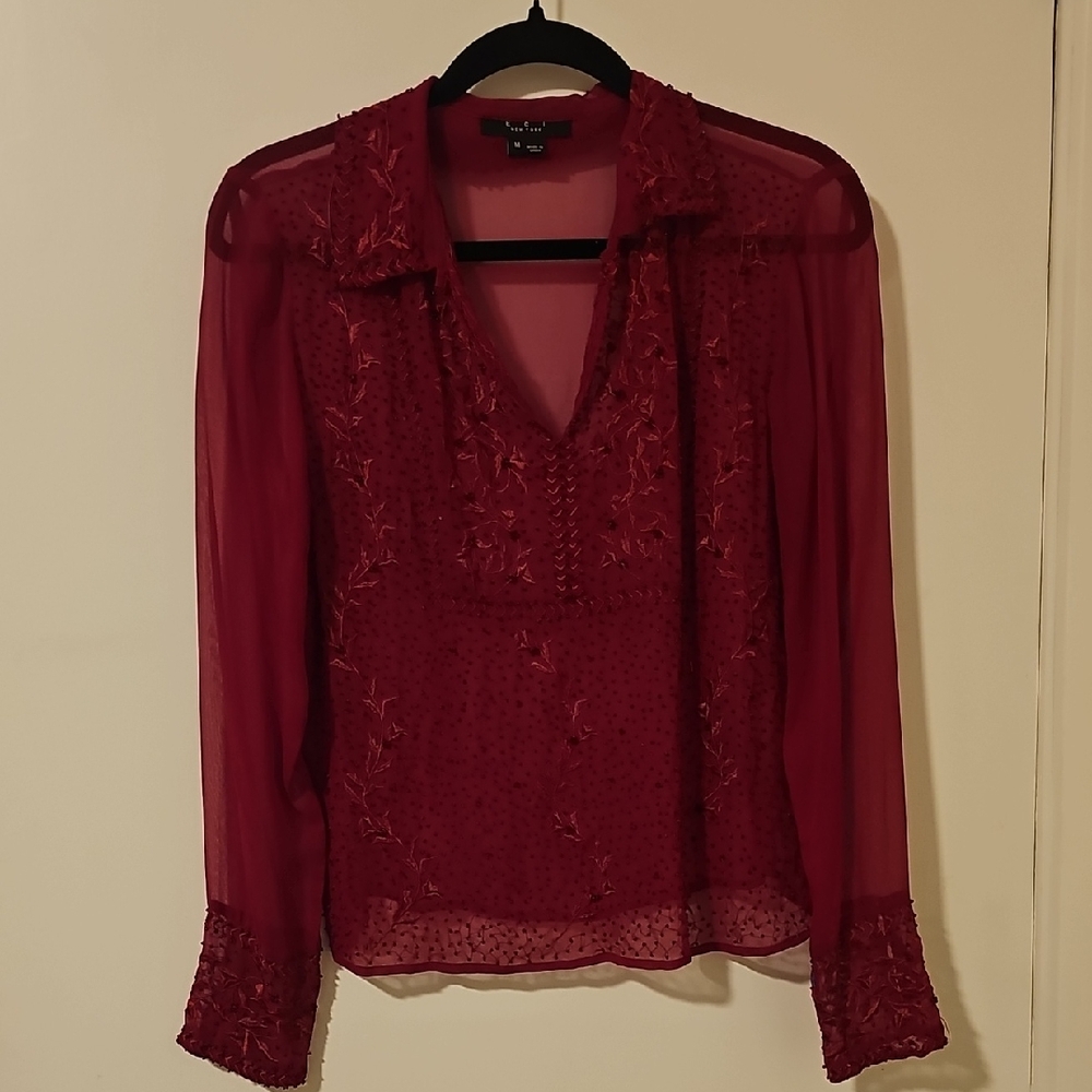 ECI New York Burgundy Red Sheer Beaded Blouse